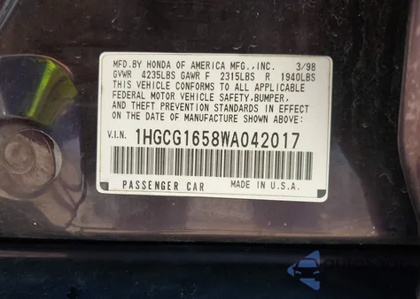 1998 Honda Accord Ex V6 из США, поврежденный, VIN 1HGCG1658WA042017